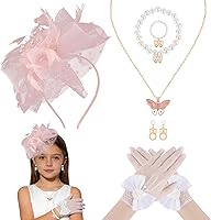 Pink Fascinators Hats for Girls: Tea Party Mesh Headband, Lace Gloves & Butterfly Jewelry Set for Kentucky Derby, Weddings