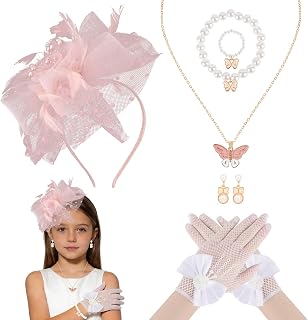 Pink Fascinators Hats for Girls: Tea Party Mesh Headband, Lace Gloves & Butterfly Jewelry Set for Kentucky Derby, Weddings