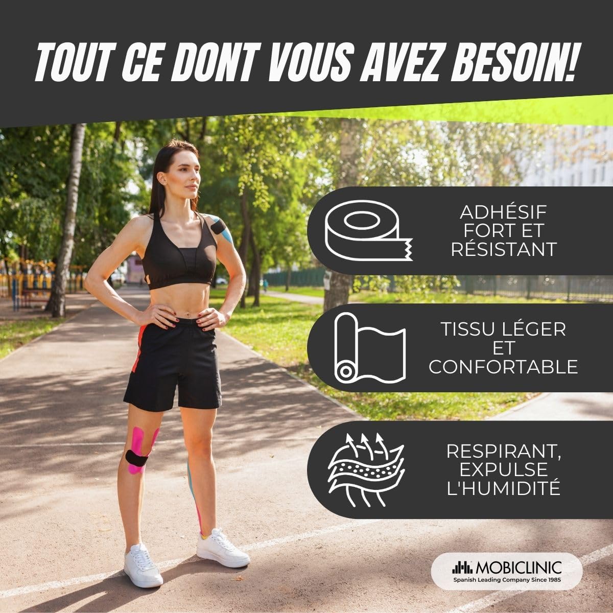 Mobiclinic®, Pack 12 rouleaux bande kinesiologie, Neuro-musculaire adhésive, De 5m x 5cm, Sport tape, Soulagement des douleurs musculaires, Kinesiotape, Face (Noir)