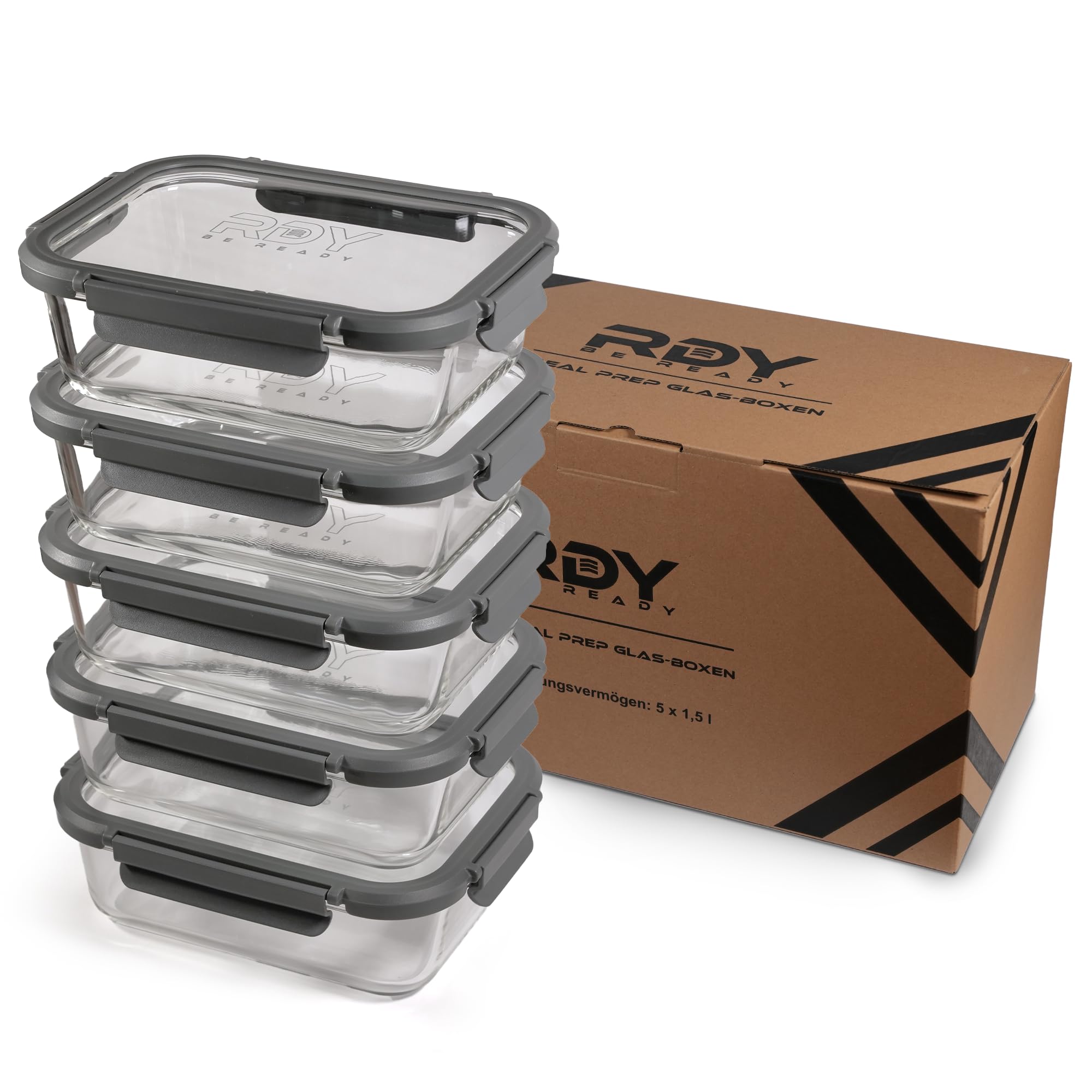 RDY® Meal Prep - Set di 5 contenitori ermetici in vetro da 1500 ml, per microonde, forno, congelatore, con coperchio, senza BPA, lavabili in lavastoviglie