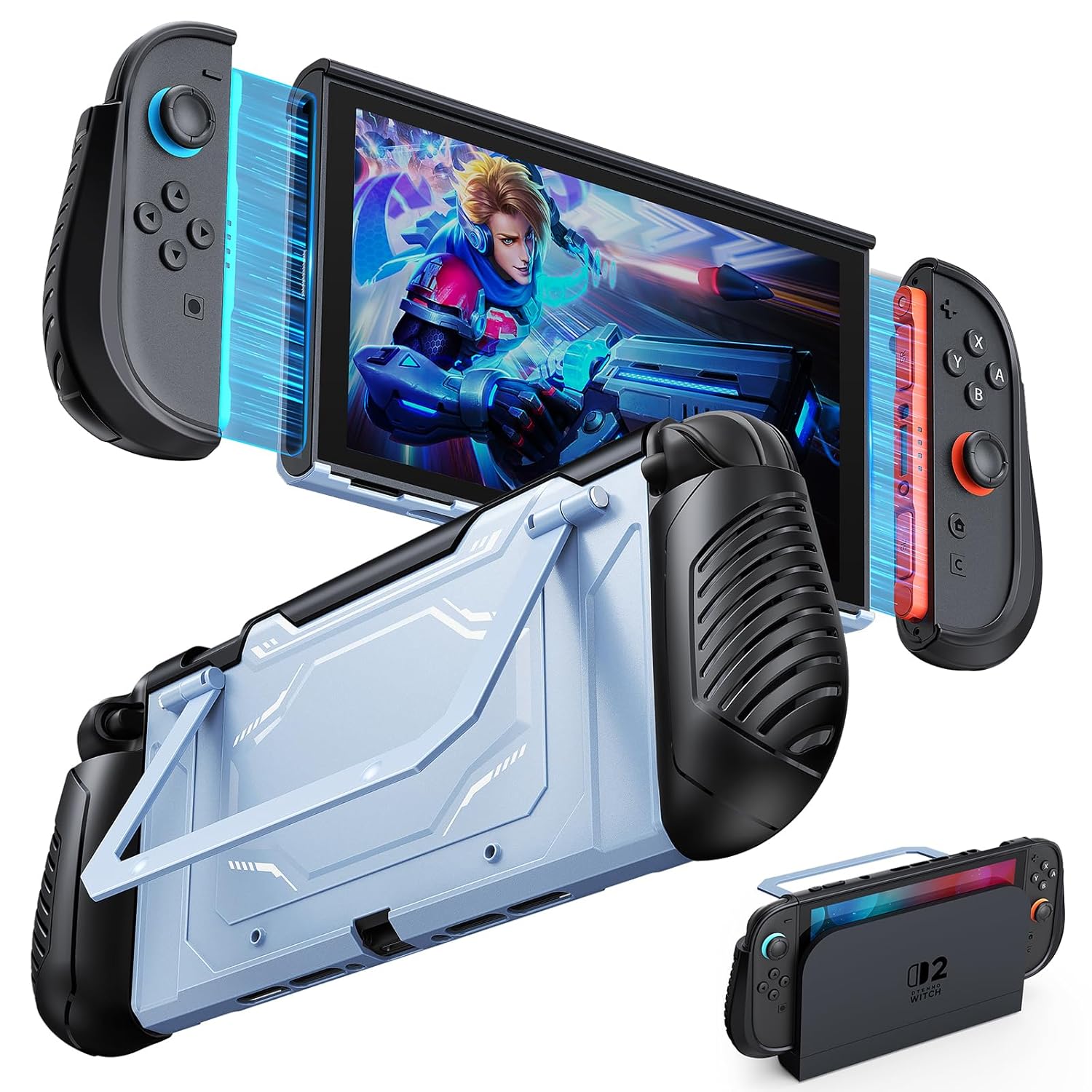 Dockable Switch 2 Case, FYOUNG Protective Cover Hard Shell for Nintendo Switch 2 Console 2025, Military-Grade Full Protection, Kickstand, Shockproof, Soft TPU Ergonomic Grip Accessories (Light Blue)