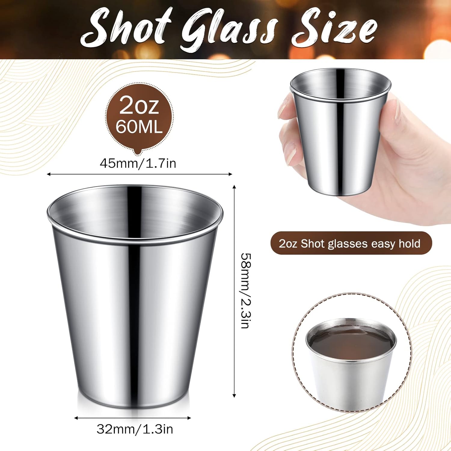 Lallisa 2 oz Stainless Steel Shot Glasses Metal Cups Small Unbreakable Shot Glass for Espresso Whiskey Bar Home Restaurant Camping Barware Gift (Silver,100 Pcs)