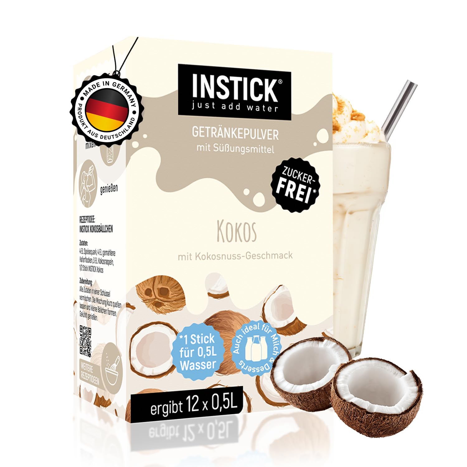 INSTICK Zuckerfreies Instant-Getränk für Milchprodukte (Kokos) - 1 Packung für 12 x 0,5 L - Ideal für Milch, Joghurt, Skyr, Quark- Vegan & Kalorienarm