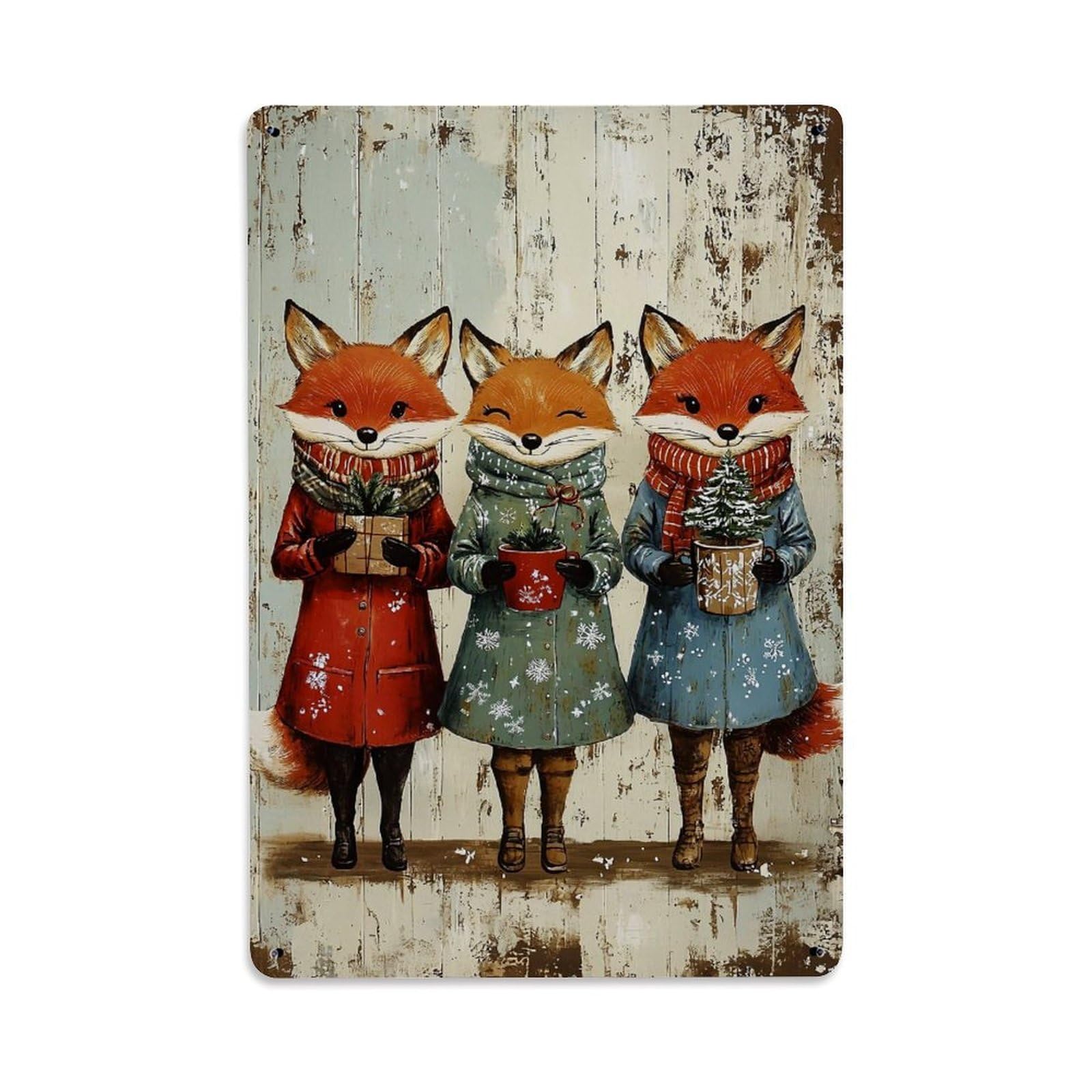 Jdfenggu Vintage Foxes Winter Coats Snowflakes Trees Retro Metal Tin Sign, Decor Art Poster For Bar, Home, Man Cave, Kitchen, Laundry Room Gift 8X12inch