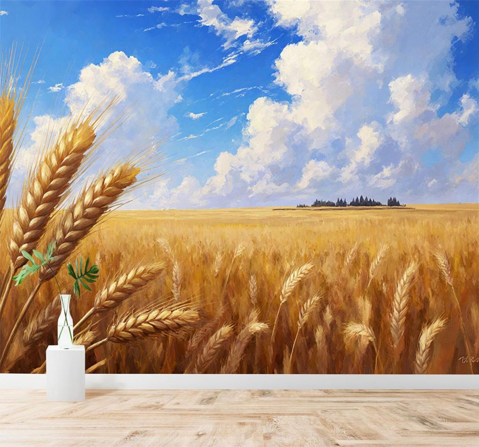 XLMING Golden Wheat Fields Blue Sky White Clouds Landscape 3D Wallpaper Silky Texture Home Study Office Grey Dining Room Sofa Bedroom Living Room TV Backdrop-400cm×280cm