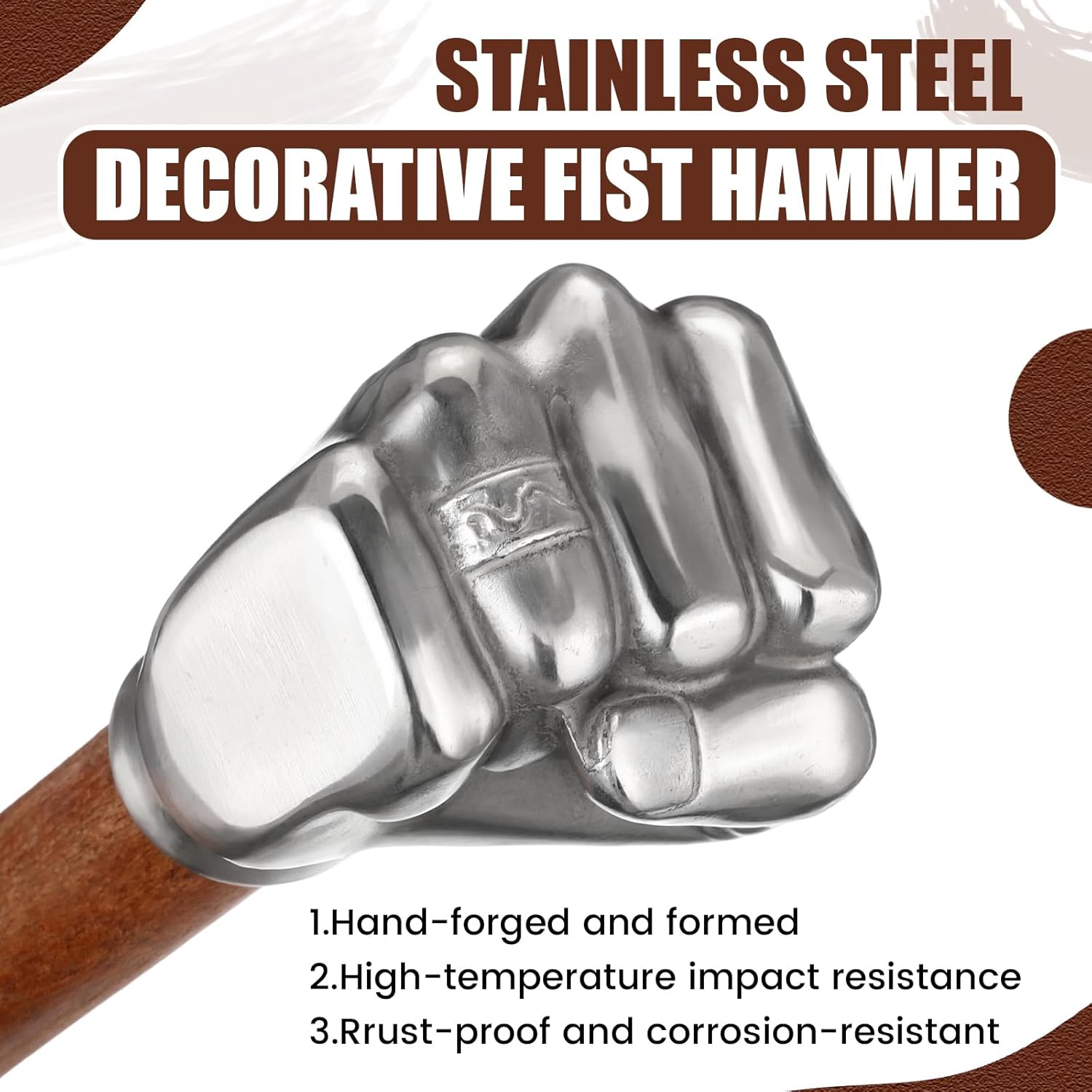 Fist Hand Hammer 2 Lbs Decorative Sledge Hammer Stainless Steel Solid Head & Wooden Handle Crafts and Hardware Tools for Emergency Use Gardening Household Car Outdoor Camping