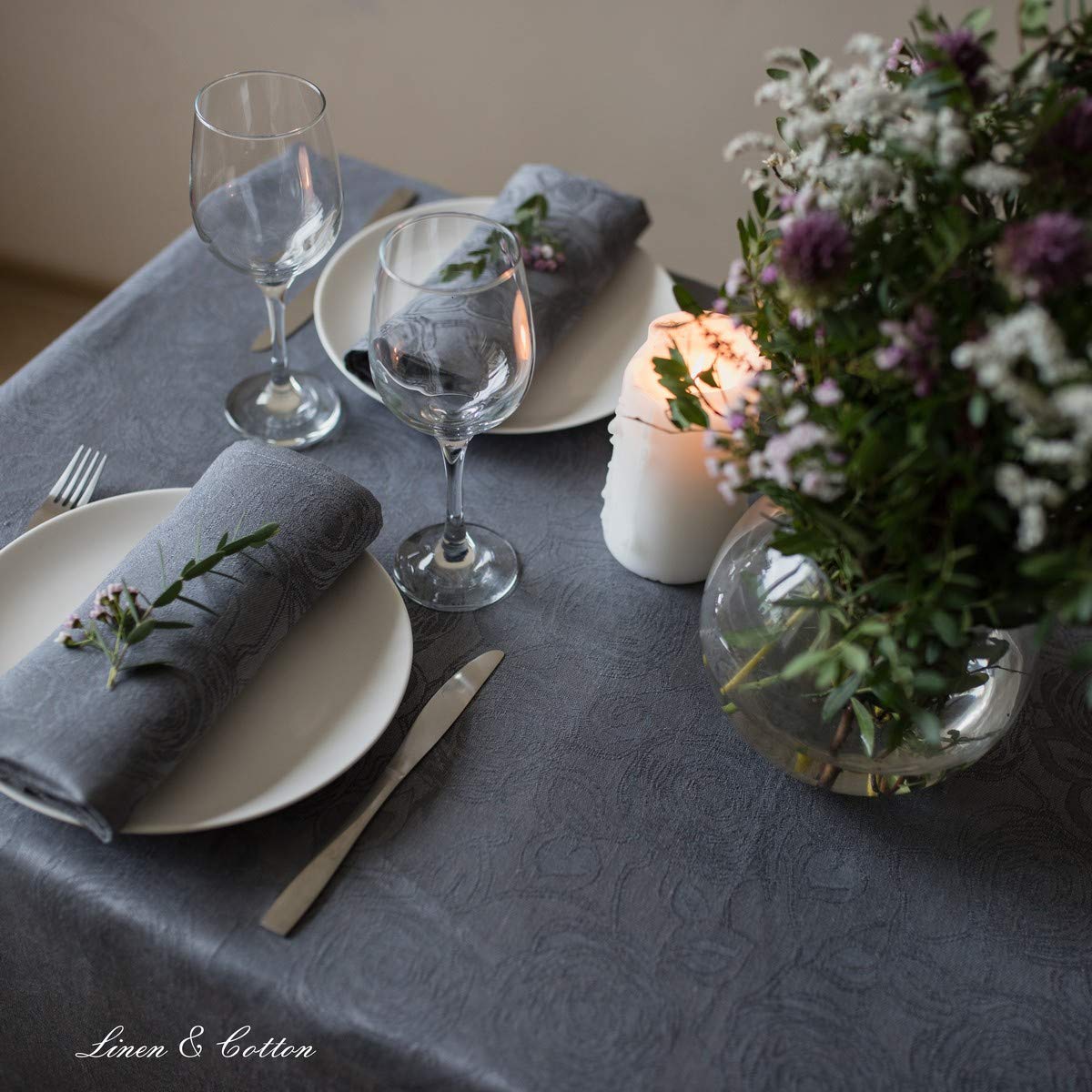 Linen & Cotton Jacquard Tovaglia da Tavola Damascata Rettangolare Grande Roseus -100% Lino, Grigio (147 x 350 cm) Lavabile Tovaglia di Stoffa da 12 Posti Decorativa per Cucina Sala da Pranzo Soggiorno