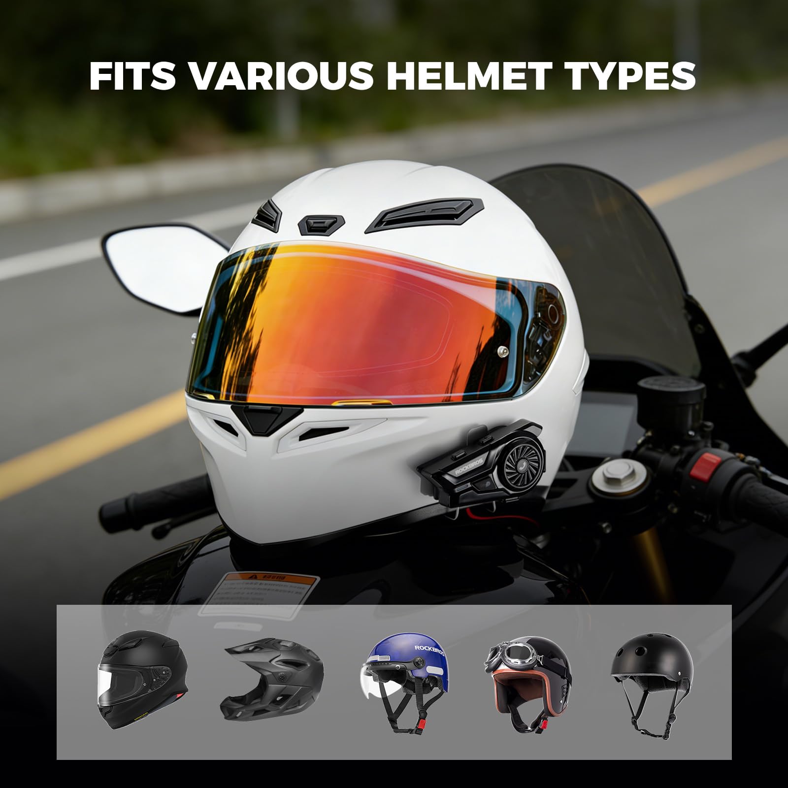 ROCKBROS Intercomunicador para Casco Moto Bluetooth, Auriculares con Sistema de Comunicación de 300 m, Llamadas Manos Libres, Asistente de Voz, Altavoces HD, IP56 Impermeable