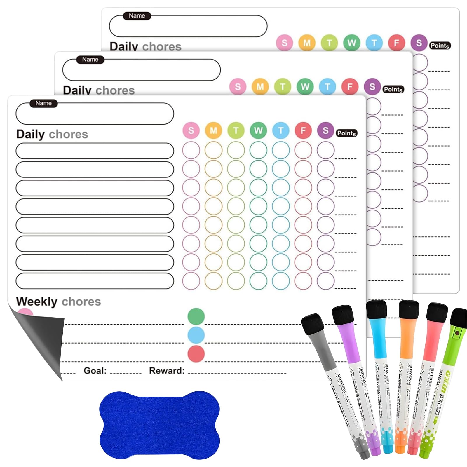 3PCS Magnetic Chores Chart, Reusable Reward Chart with 6PCS Markers & Eraser