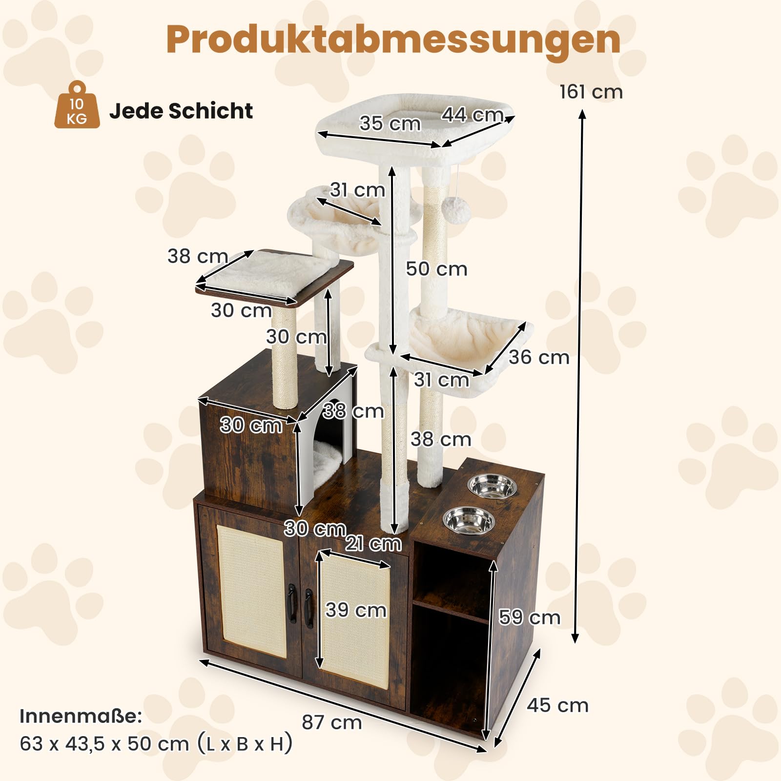 GYMAX Kratzbaum mit Katzenklo-Schrank, Katzenschrank für Katzentoilette mit Höhle, Plattformen & Kratzmatten, Katzenbaum mit 2 Aufbewahrungsfächern, 2 Hängematten & 2 Futternäpfen, Katzenmöbel