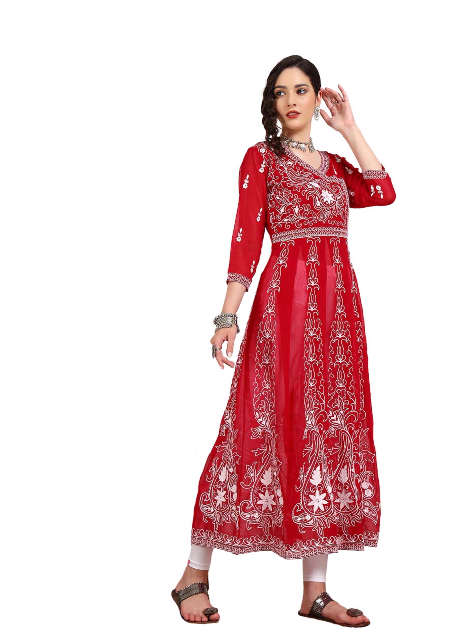 EthnicJunction Women's Embroidered Chikankari Work Georgette Angrakha Anarkali Kurta