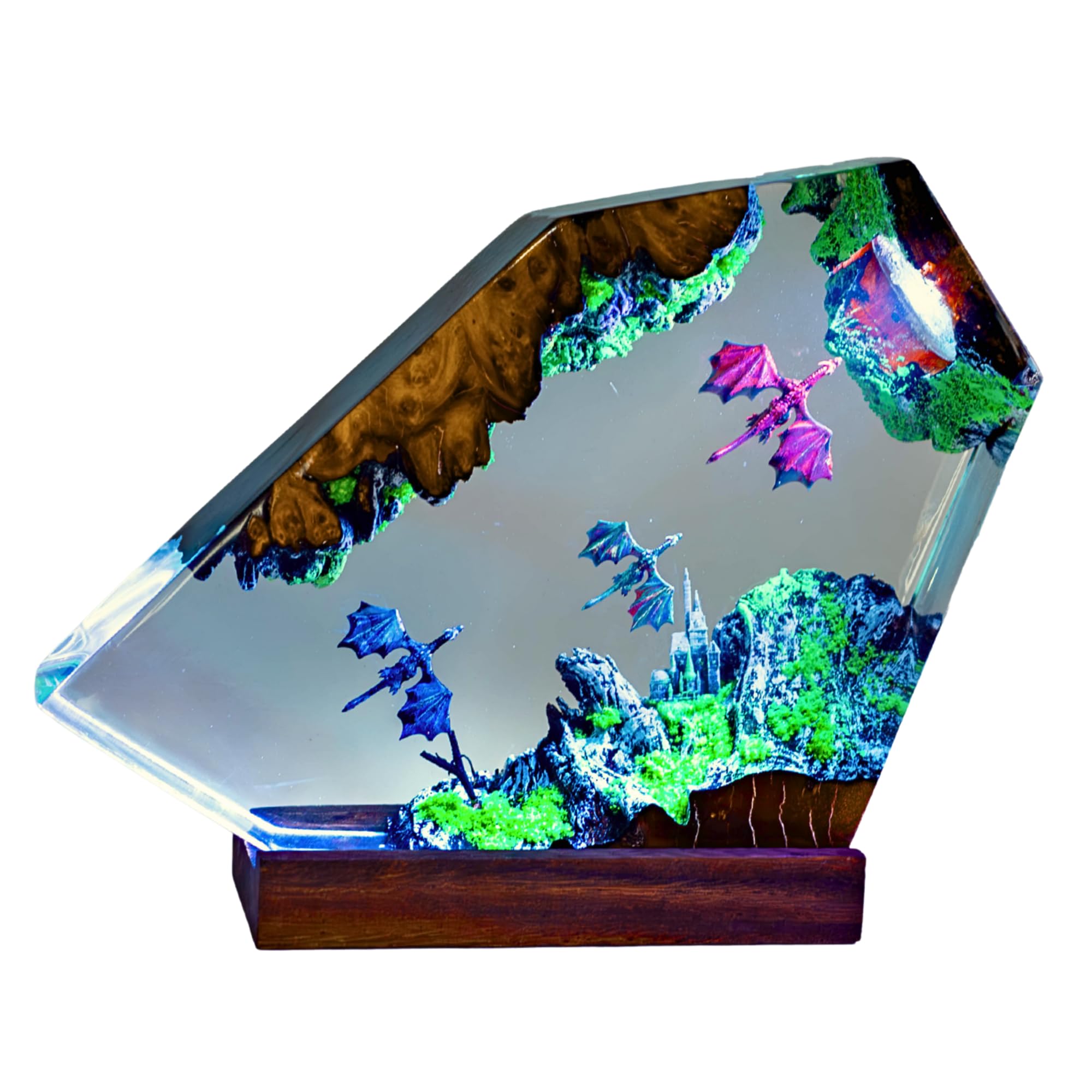 Lampe en résine Dragon - Veilleuse fantaisie avec 16 LED colorées, lampe de bureau Dragon alimentée par USB avec base en bois et télécommande