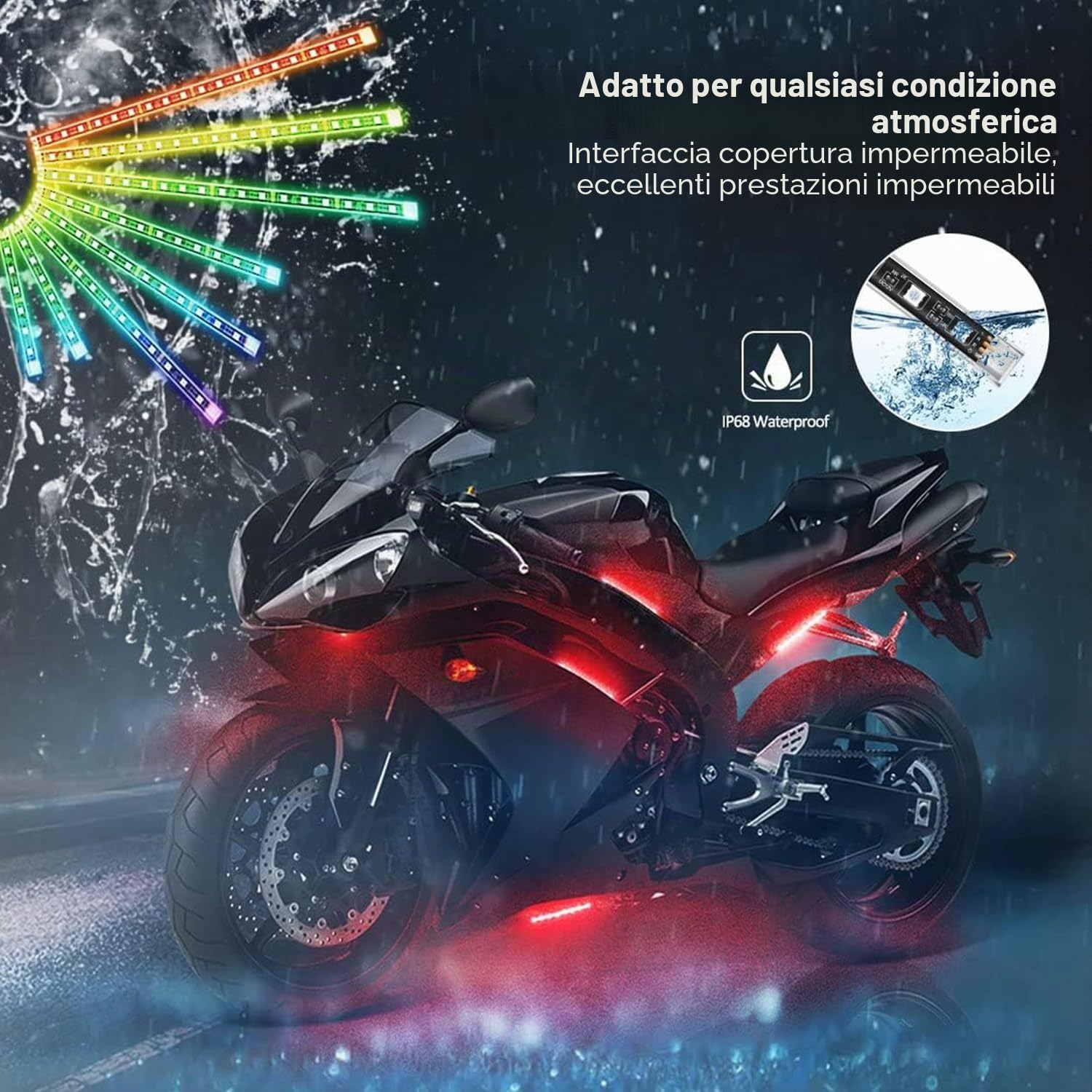 Kit luce LED da 12 pezzi, striscia LED RGB per moto con modalità musica, funzione luce freno multicolore, controllo APP wireless, DC 12 V