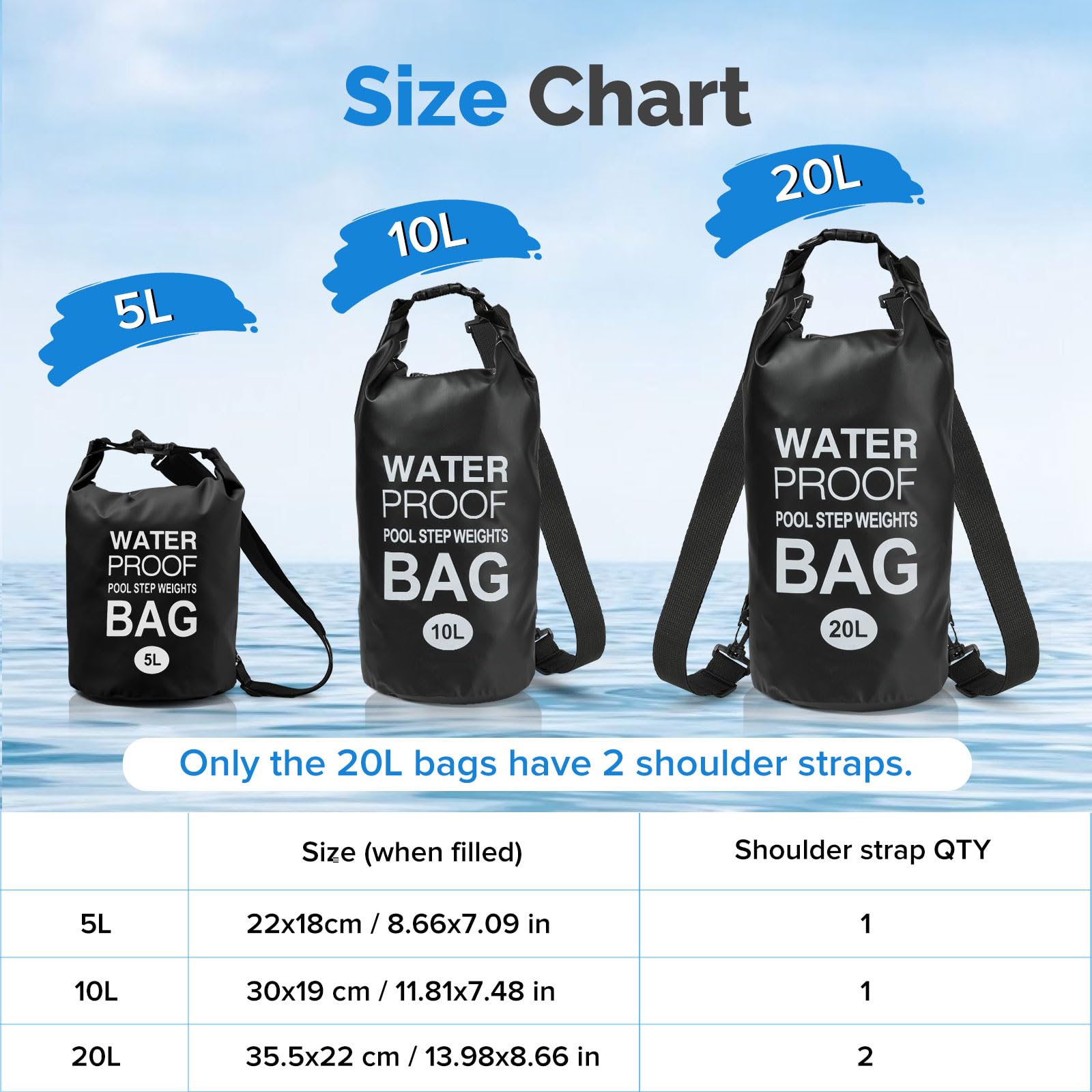 Yeabett Wodoszczelna torba plażowa z regulowanym paskiem na ramię, do pływania, na kemping, do pływania kajakiem, na plażę, czarny, 20L(1-Pack), Wodoszczelne kieszenie
