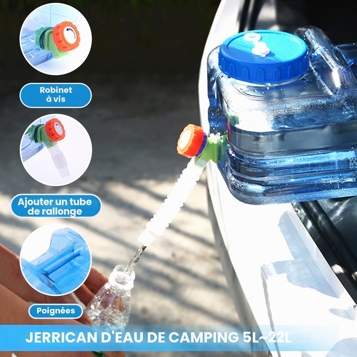 Umikk Bidon portable sans BPA de 5 à 22 l, avec robinet et poignées, pour le stockage de l'eau potable, bidon à eau pour le camping, l'extérieur, les voyages, la maison