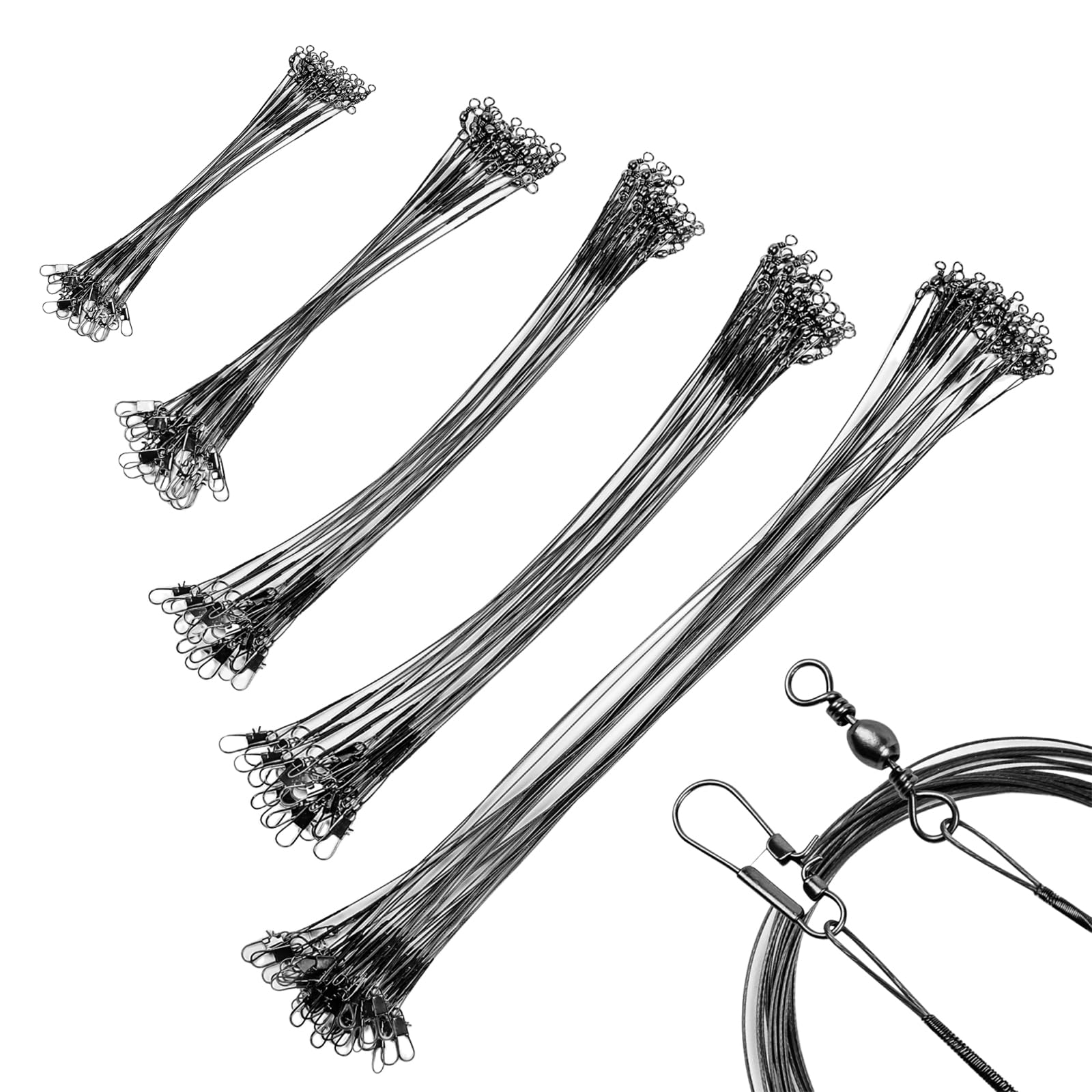 100 Piezas Línea Líder Pesca Alambre Pesca Acero Inoxidable Líneas Alambre Anti-Mordedura con Giratorios Y Broches para Agua Dulce Salada, Líder De Pesca, 10 Cm, 15 Cm, 20 Cm, 25 Cm, 30 Cm, Negro