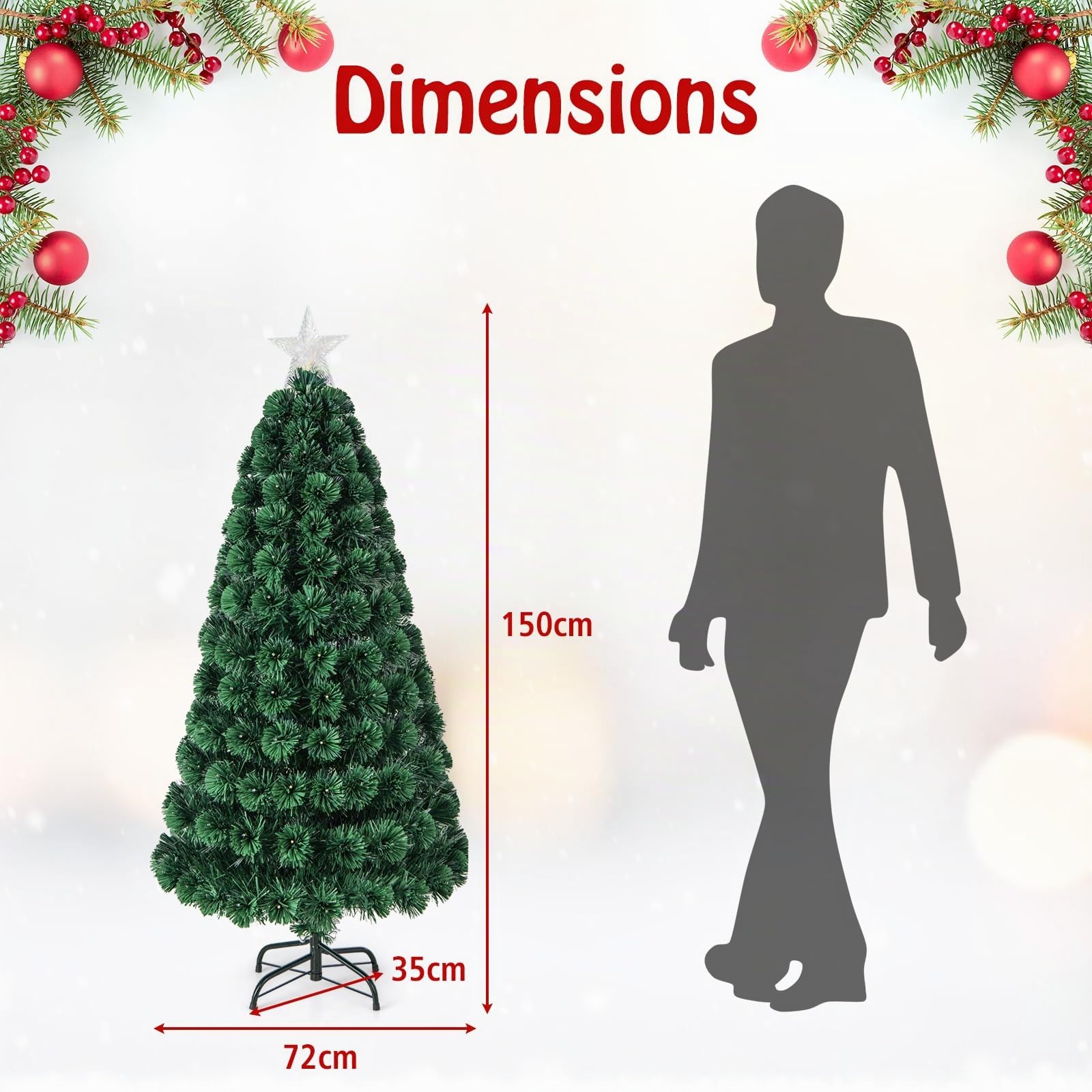 COSTWAY Sapin de Noël 150 cm, Arbre Lumineux 170 LED, 8 Modes d'Éclairage, 170 Branches en PVC, Étoile Lumineuse, Fibres Optiques, Décoration pour Maison, Bureau, Magasin