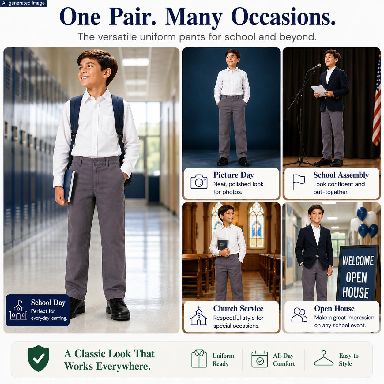 Bienzoe Boys School Uniform Pants: Kids Adjustable Waist Cotton Regular Slacks