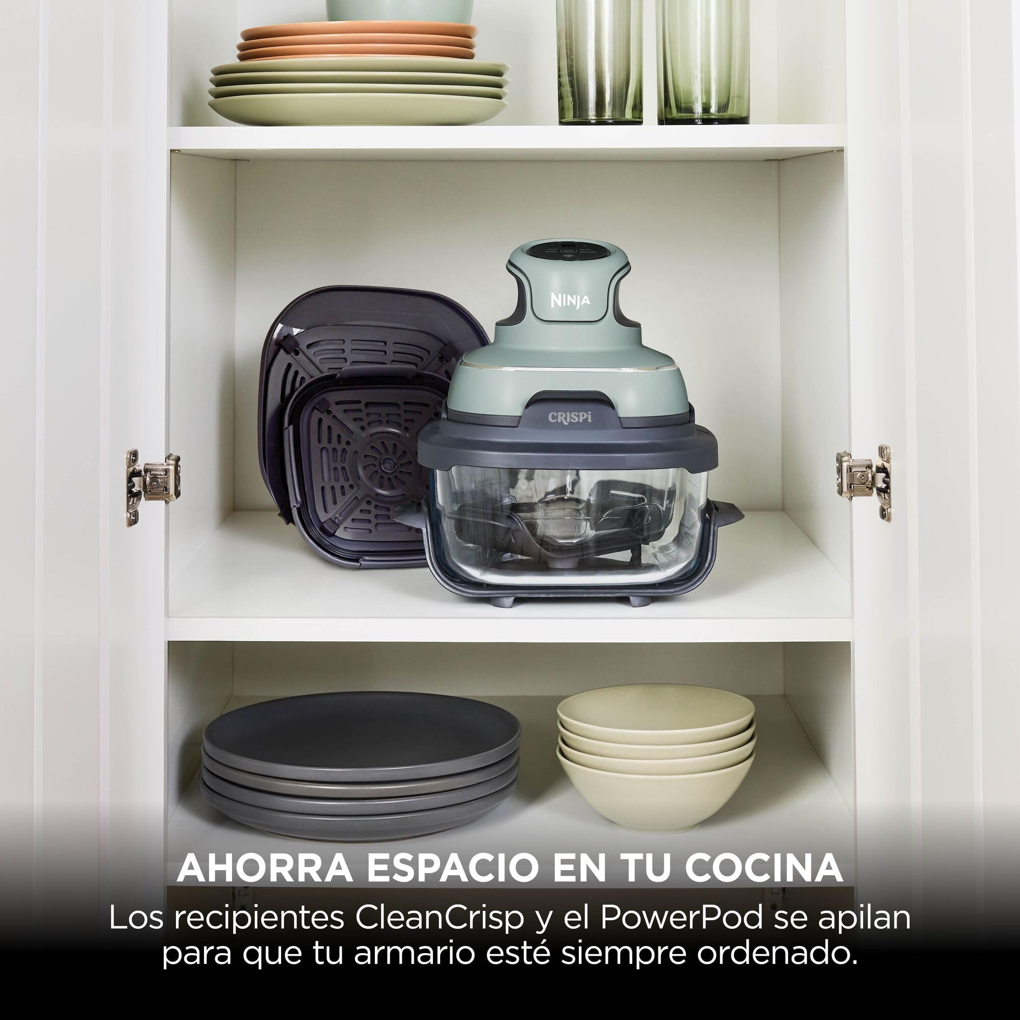 Ninja CRISPi Freidora de Aire portátil, 3,8 l, 4 en 1, freír con Aire, Asar, Mantener Caliente y gratinar, compacta, Incluye 2 recipientes de Vidrio extraíbles y Tapas