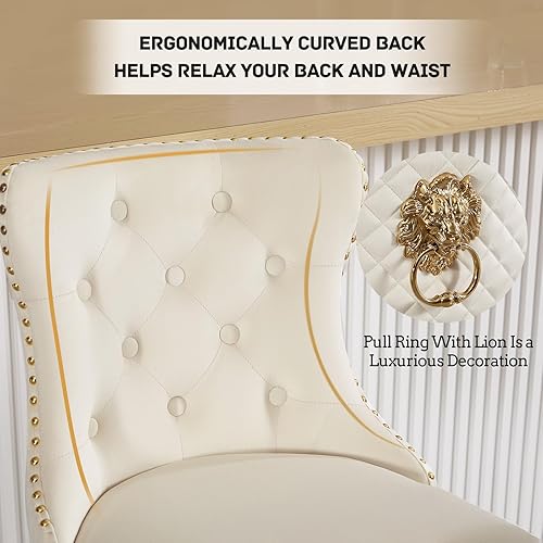 Miniatura 3 de Juego de 2 taburetes de bar giratorios dorados, taburetes de bar ajustables de terciopelo con respaldo copetudo, ribete de cabezas de clavos y