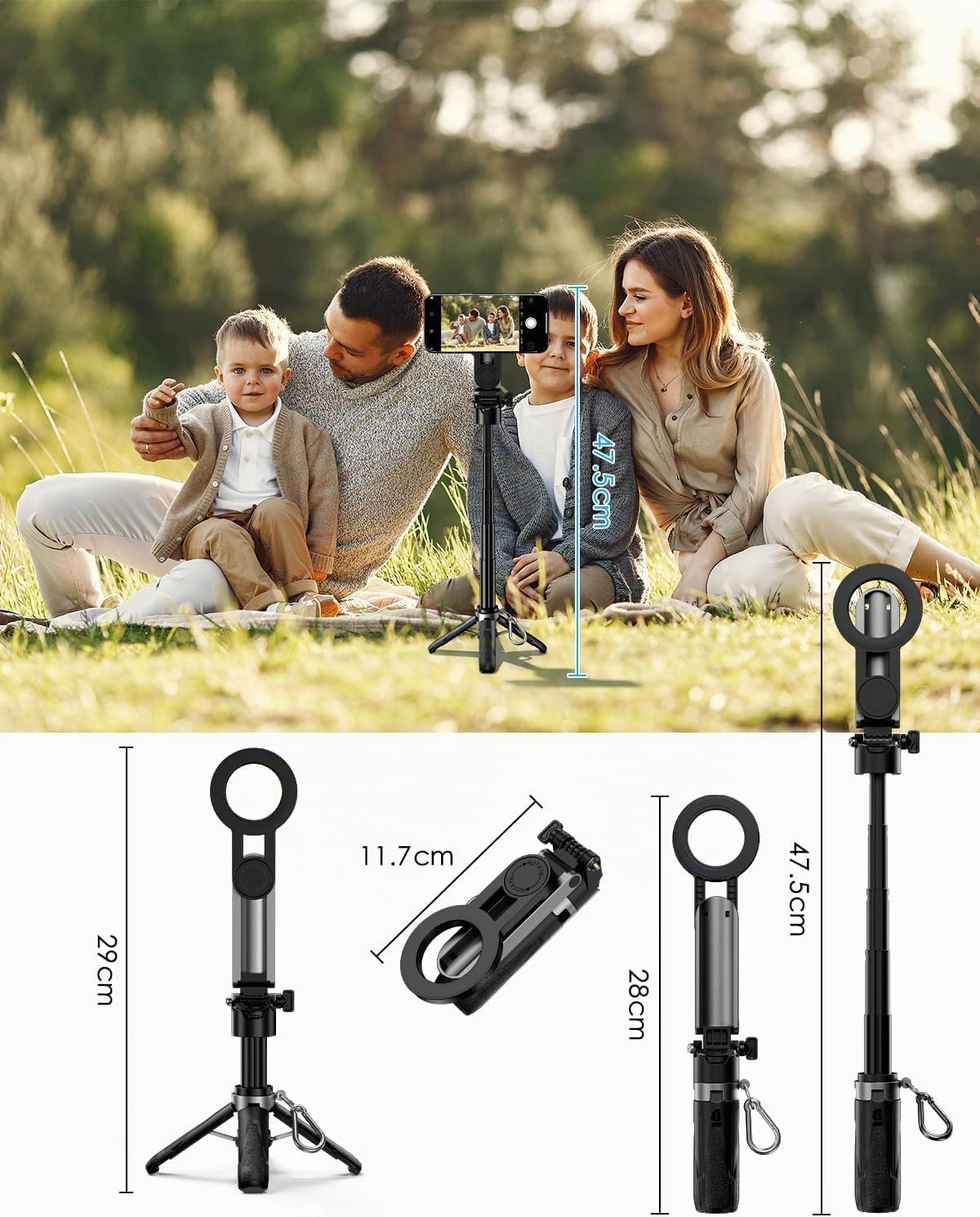 CloudValley Perche à selfie magnétique multifonction 4 en 1, mini support de téléphone portable avec télécommande amovible, compatible avec MagSafe, pour iPhone/Android, Vlog de voyage, diffusion en