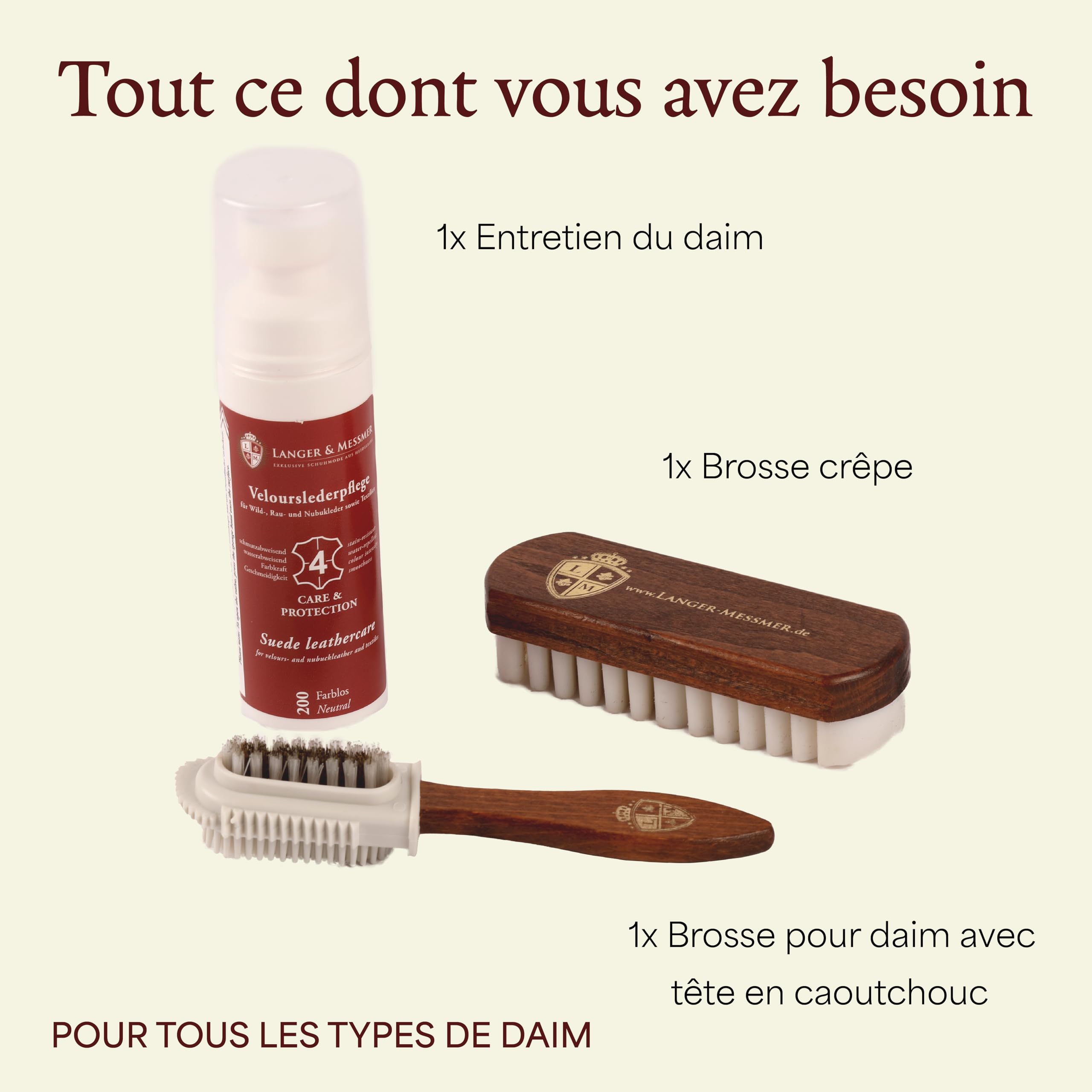 Langer & Messmer kit de cirage daim d'entretien de chaussures pour cuir suédé - Kit de cirage avec brosses à chaussures pour le cuir nubuck - Produit d'entretien pour rafraîchir les couleurs