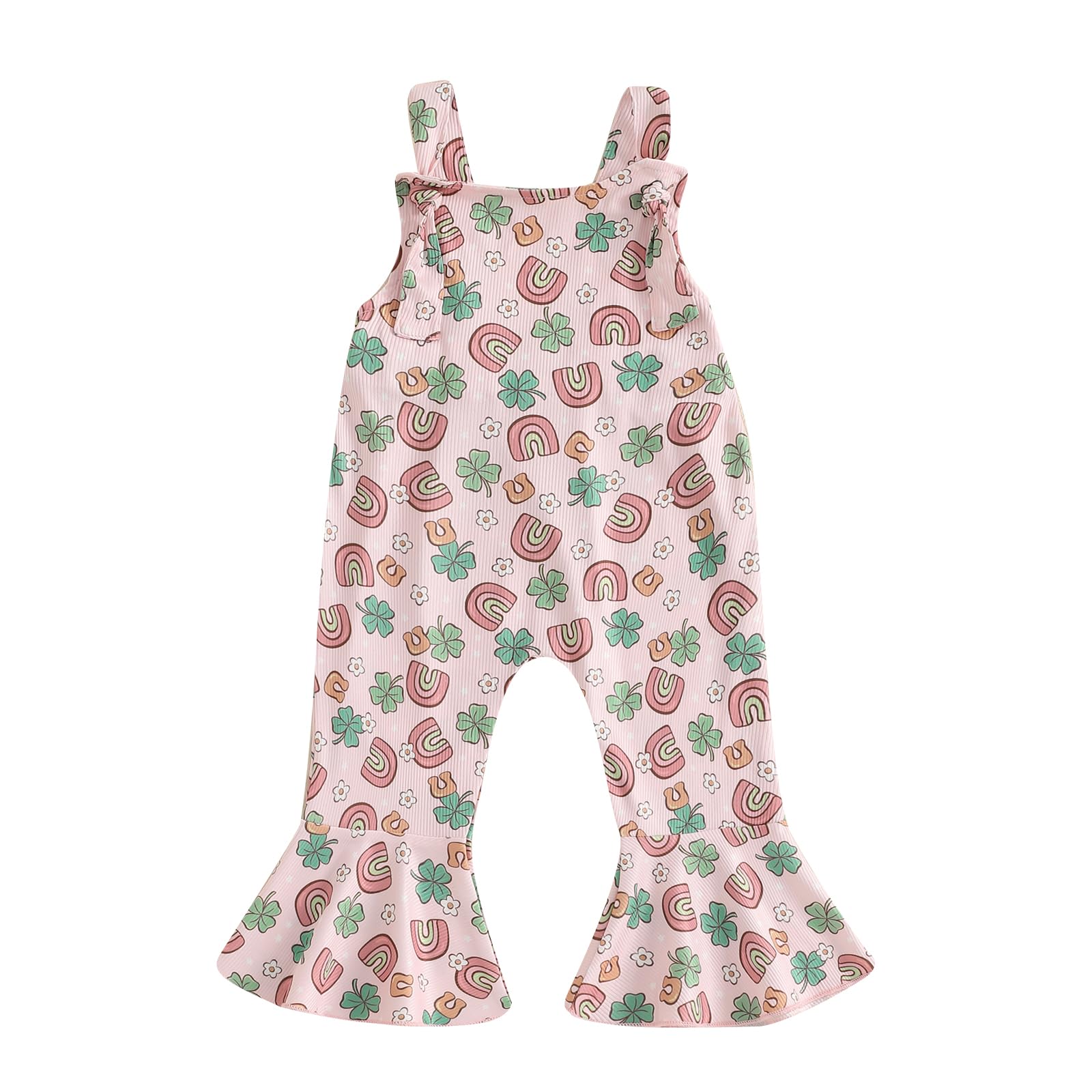 KMBANGI Toddler Baby Girl St Patricks Day Overalls Jumpsuit Sleeveless Clover Ribbed Suspender Pants Baby Bell Bottoms Spring (Pink, 18-24 Months)