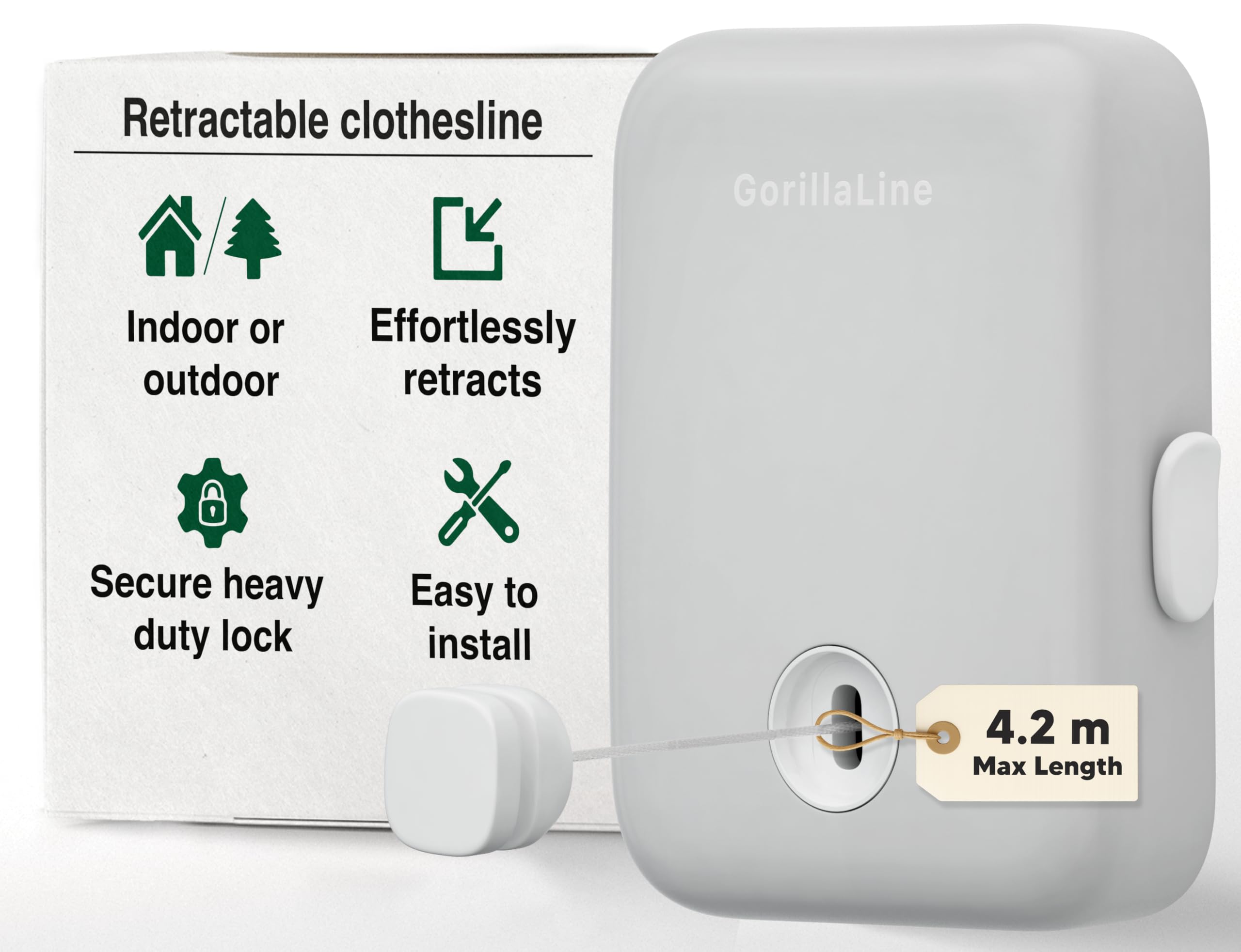 GorillaLine - Retractable Washing Line, Clothes Lines for Outside Extendable Washing Line Rope 4.2m, Indoor and Outdoor Clothes Line