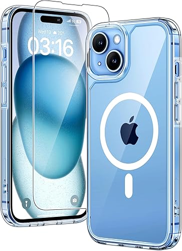 TAURI Funda transparente 5 en 1 para iPhone 15 Plus, no amarillea, con 2 protectores de pantalla + 2 protectores de lente de cámara, protección