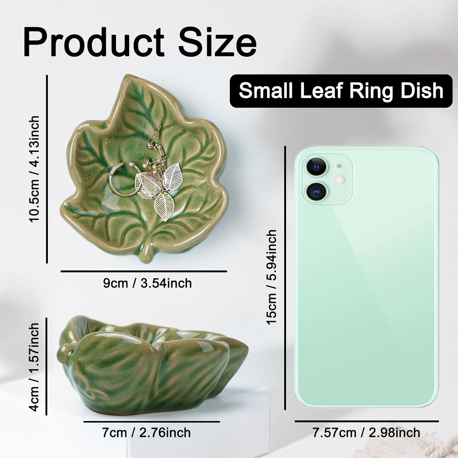Jewelry Tray, Ceramic Leaves Jewelry Dish, Ring Holder Dish, Small Trinket Tray, Washable Key Bowl(Green) - Image 2