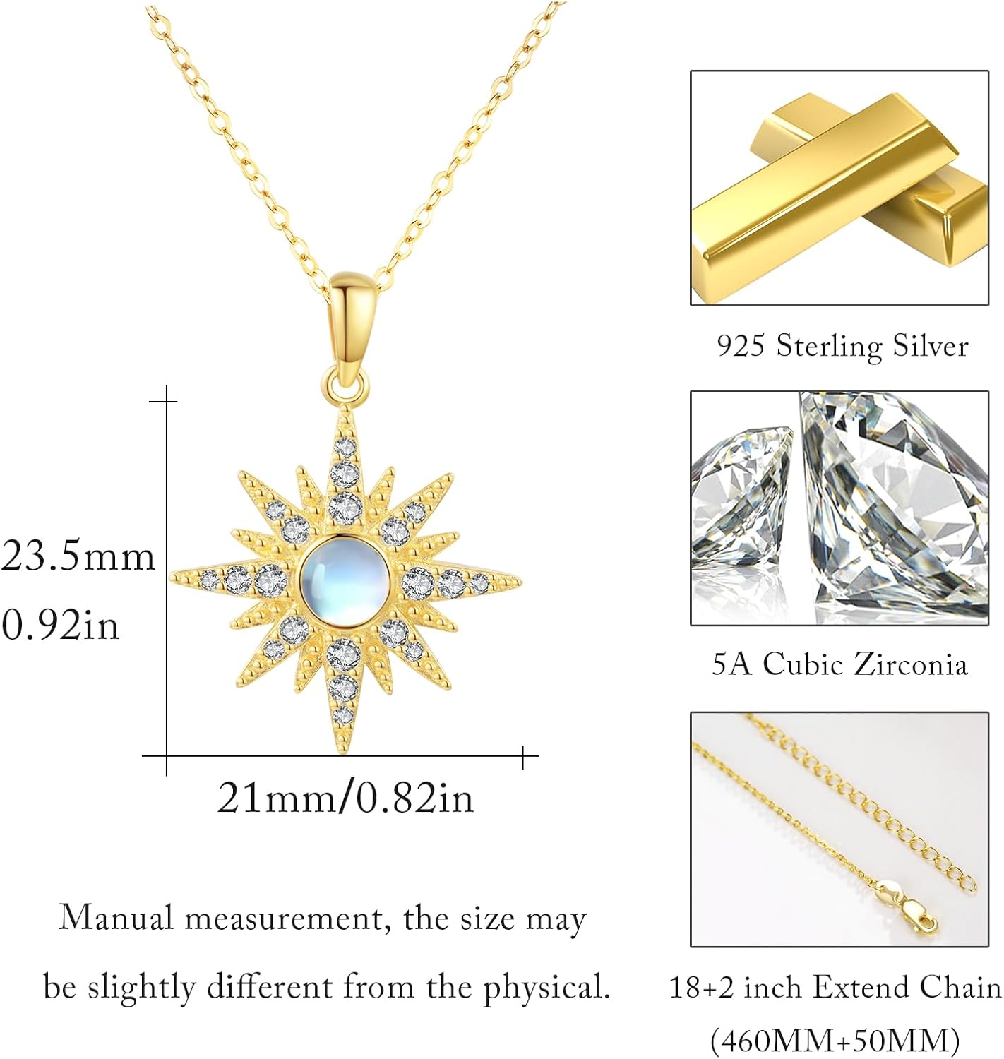 Starburst Necklace 925 Sterling Silver Opal/Moonstone/Birthstone Pendant Star Gold Plated Sunburst Birth Stone Jewelry Mothers Day Necklace for Women Mom Daughter Sister - Image 6
