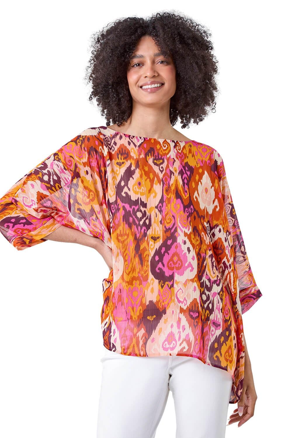 Roman Overlay Top for Women UK - Ladies Summer Blouse Spring Everyday Holiday Autumn Work Winter Round Neckline Comfy Pull-On Soft Vacation 3/4 Length Sleeves - Orange - Size SM