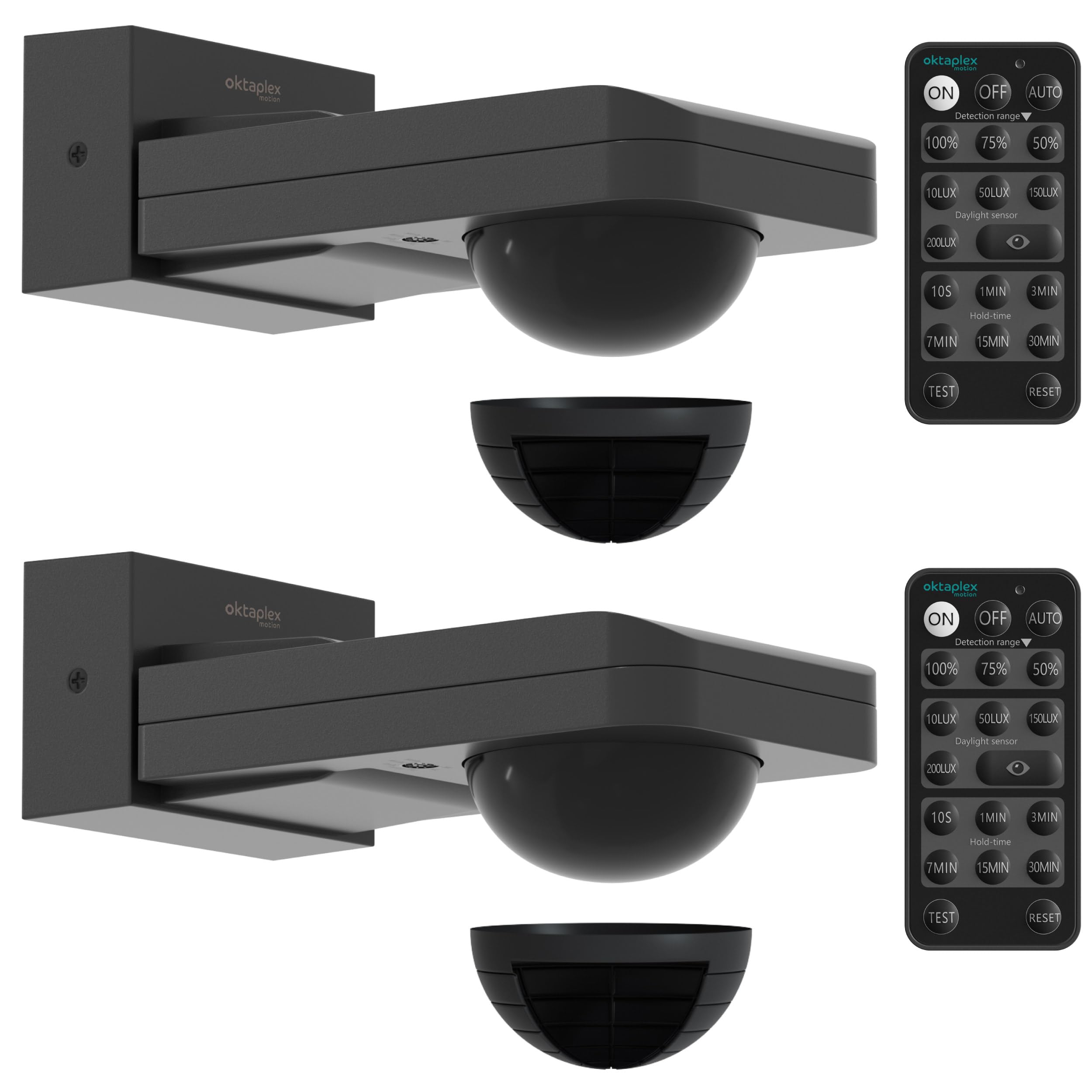 Oktaplex - Juego de 2 detectores de movimiento orientables para exteriores, 360 grados, incluye mando a distancia, sensor de infrarrojos, IP65, alcance de 9 m, 230 V, sensor de movimiento, color