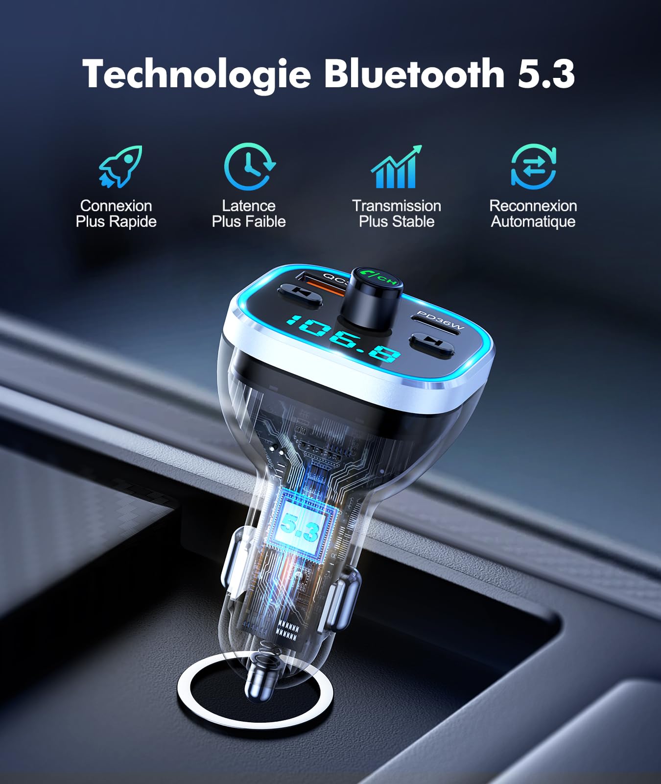 Mohard Transmetteur FM Bluetooth 5.3, 54W [PD+QC 3.0] Adaptateur Bluetooth Voiture Allume Cigare Charge Rapide, Appels Mains Libres & 7 Couleurs Rétroéclairage, HiFi Musique Emetteur Bluetooth Voiture