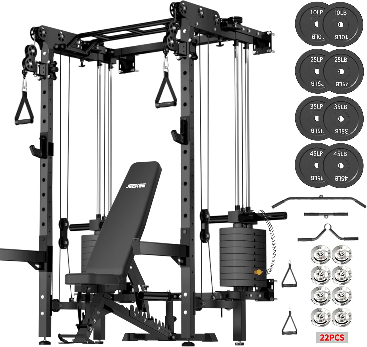 JEEKEE Folding Wall Mounted Power Rack with 180LB Weight Stack, 2400LB 2×3 Heavy Duty Squat Rack, Dual Cable Crossover System 1:1 Ratio, Functional Trainer for Home Gym Small Space,Black