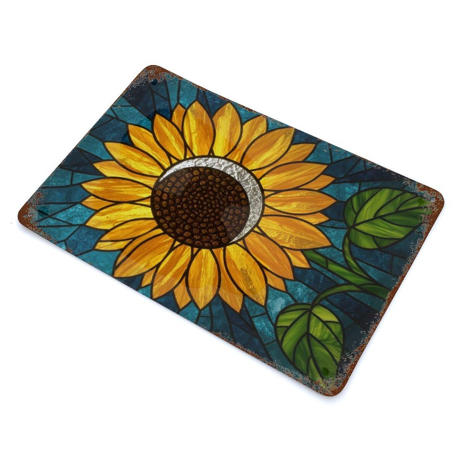 Stained Glass Sunflower with Moon Vintage Wall Sign 11.8"x7.9", Rust Effect Metal Decor for Farmhouse, Kitchen And Entryway Decor