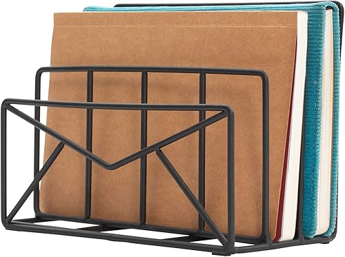 MyGift Clasificador de correo de escritorio independiente de alambre de metal negro moderno de 3 ranuras con diseño de sobre, organizador de