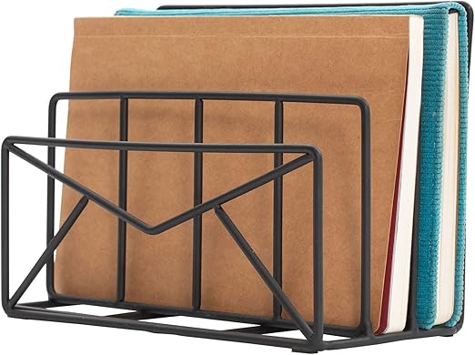 MyGift 3 Slot Modern Black Metal Wire Freestanding Desk Mail Sorter with Envelope Design, Office Desktop Letter, File, and Bill Compact Storage Organizer