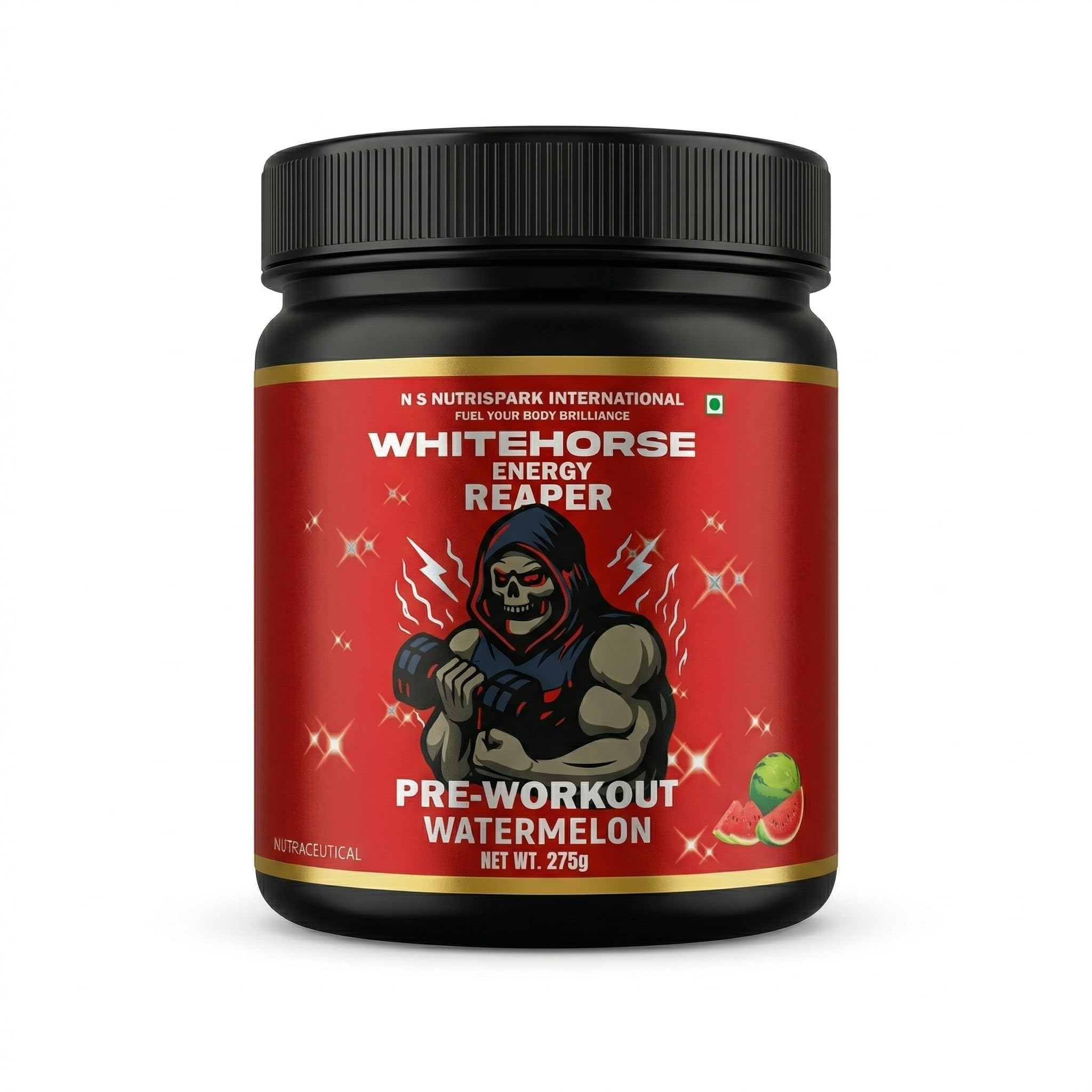 NutriSpark White Horse- Pre work out Workout Supplement with Creatine HCl, Beta-Alanine, Glutamine - Energy and Muscle Management, Unisex-Watermelon 275gm