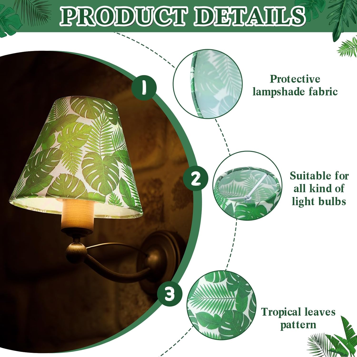 VIHOSE 6 Pcs Chandelier Lamp Shades Small Lamp Shade 3" Top x 6'' Bottom x 5'' Slant Tropical Leaf Hawaii Toile Green Clip on Lampshade for Wall Sconces Pendant Lighting