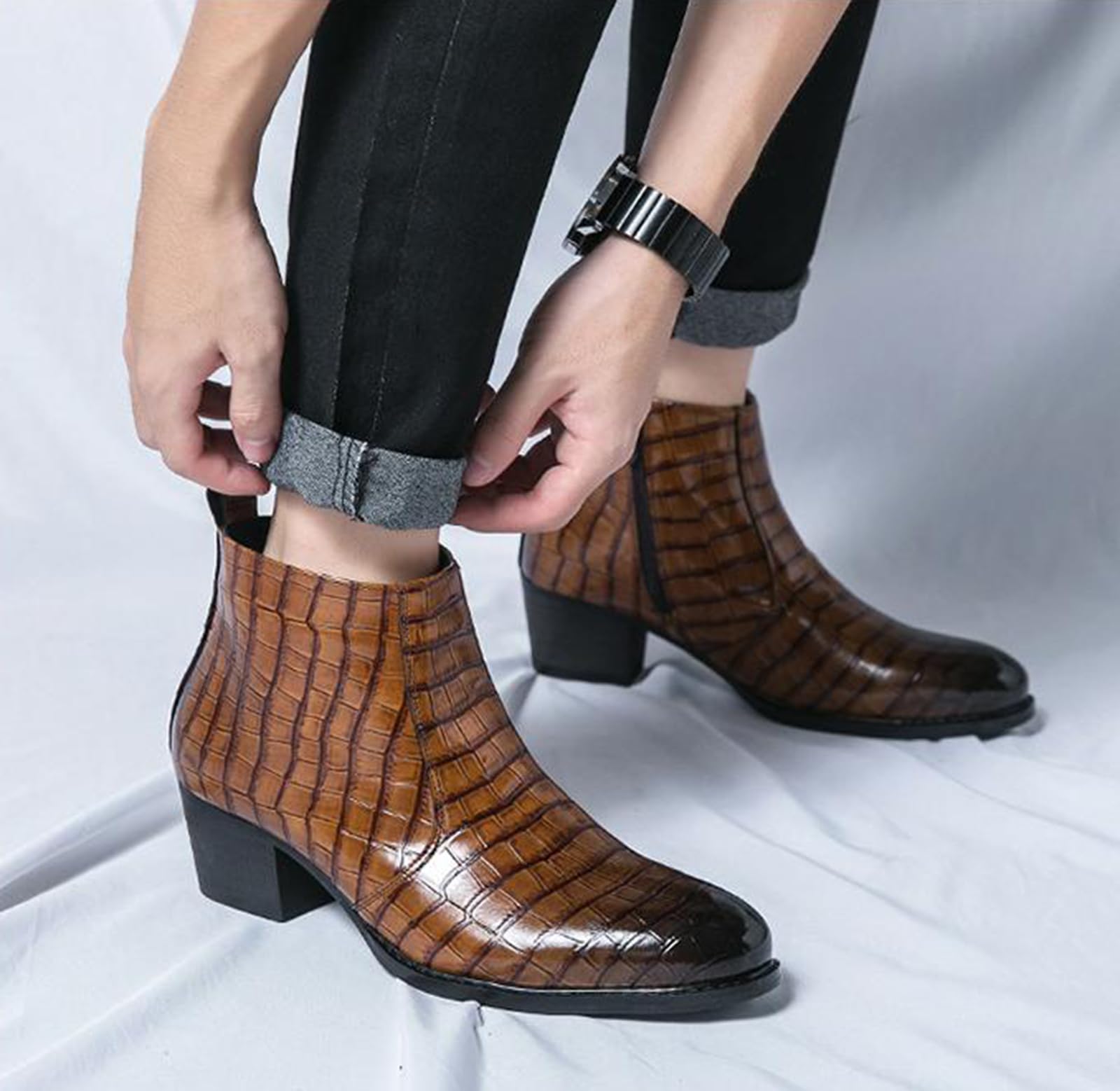 Stivaletti Chelsea Uomo Effetto Coccodrillo Tacco Alto Scarpe da Abito | Chiusura Zip Laterale Pelle Sintetica Ankle Boots Eleganti Stile Western per Matrimonio Festa Business Regalo Uomo