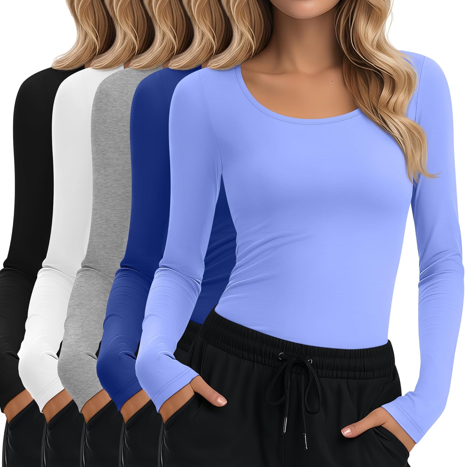 5 Pack Underscrub for Women Long Sleeve Shirts Fitted Scoop Neck Tops Basic Layering Tee Knit Tops for Nurse