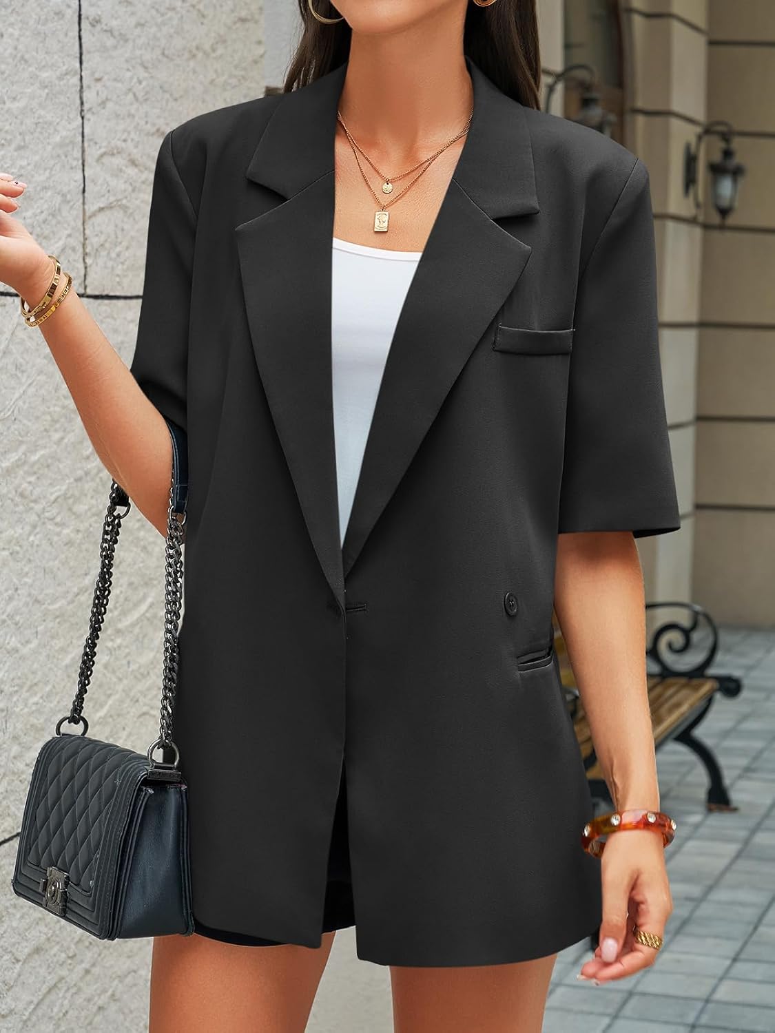 Cicy Bell Womens Summer Oversized Blazer Short Sleeve Lapel Button Down Business Casual Suit Jackets with Pockets - Image 2