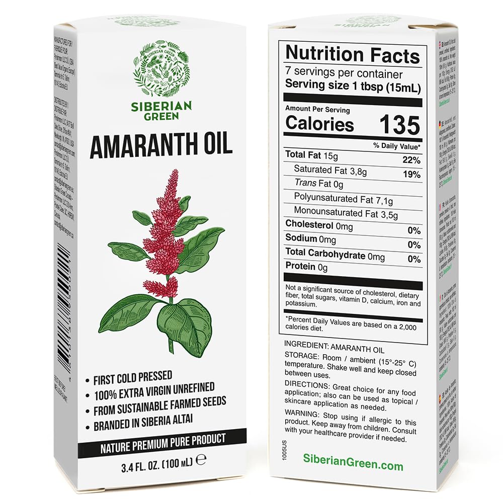 Olio Amaranto Siberiano | Naturale Extra Vergine Pressato a freddo 100 ml / 3,4 fl oz | Non raffinato grezzo Vegano No-GMO | Squalene esclusivo