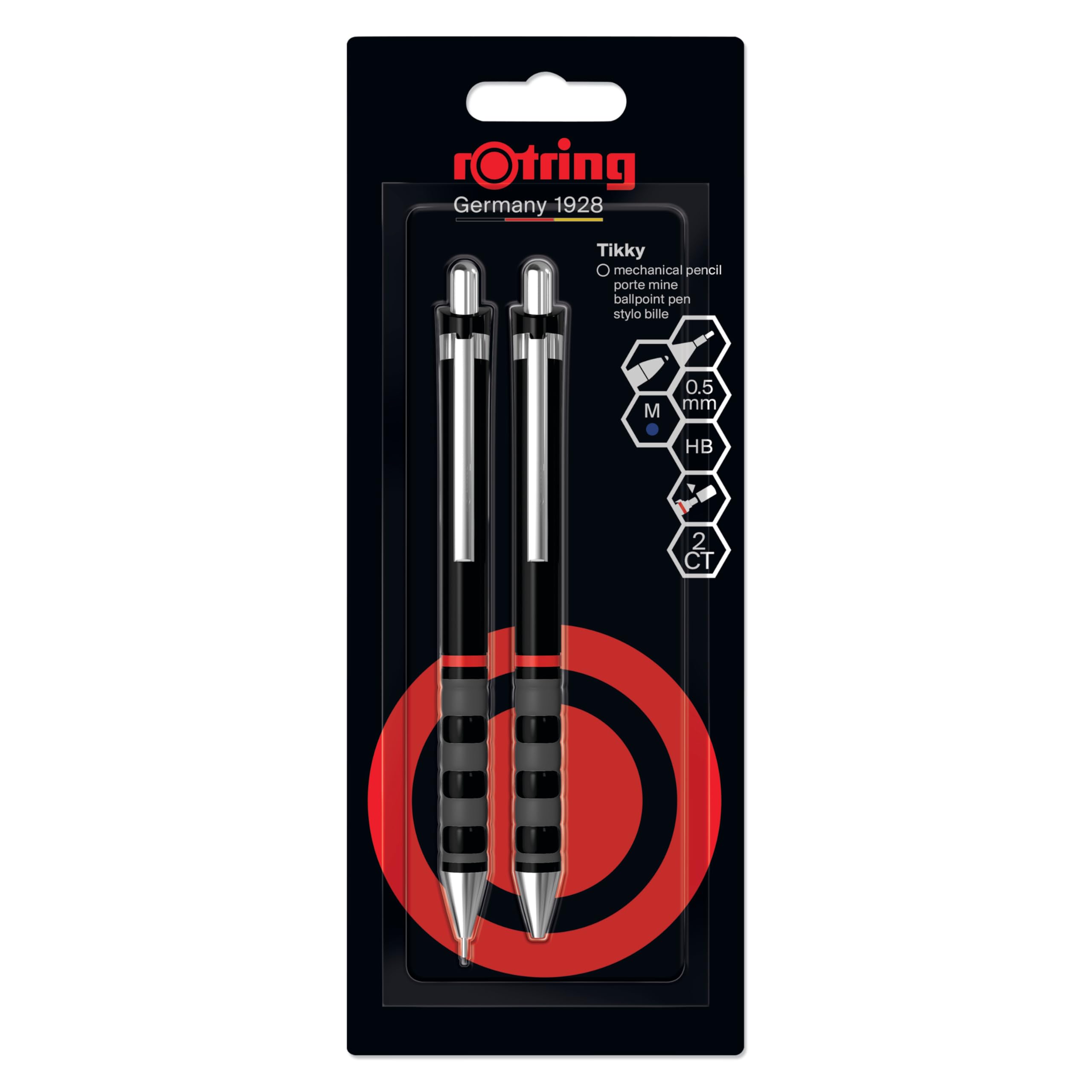 rOtring Tikky Mechanical Pencil & Ballpoint Set | HB Lead, 0.5 mm Pencil | Medium Point Pen | Black Barrel | Lightweight with Rubberised Grip