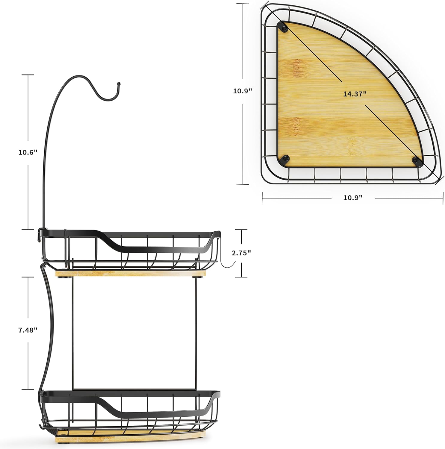 2 Tier Fruit Basket for Kitchen Counter with 3 Banana Hangers, Vegetable Holder with Bamboo Base for Kitchen Corner Storage, Black