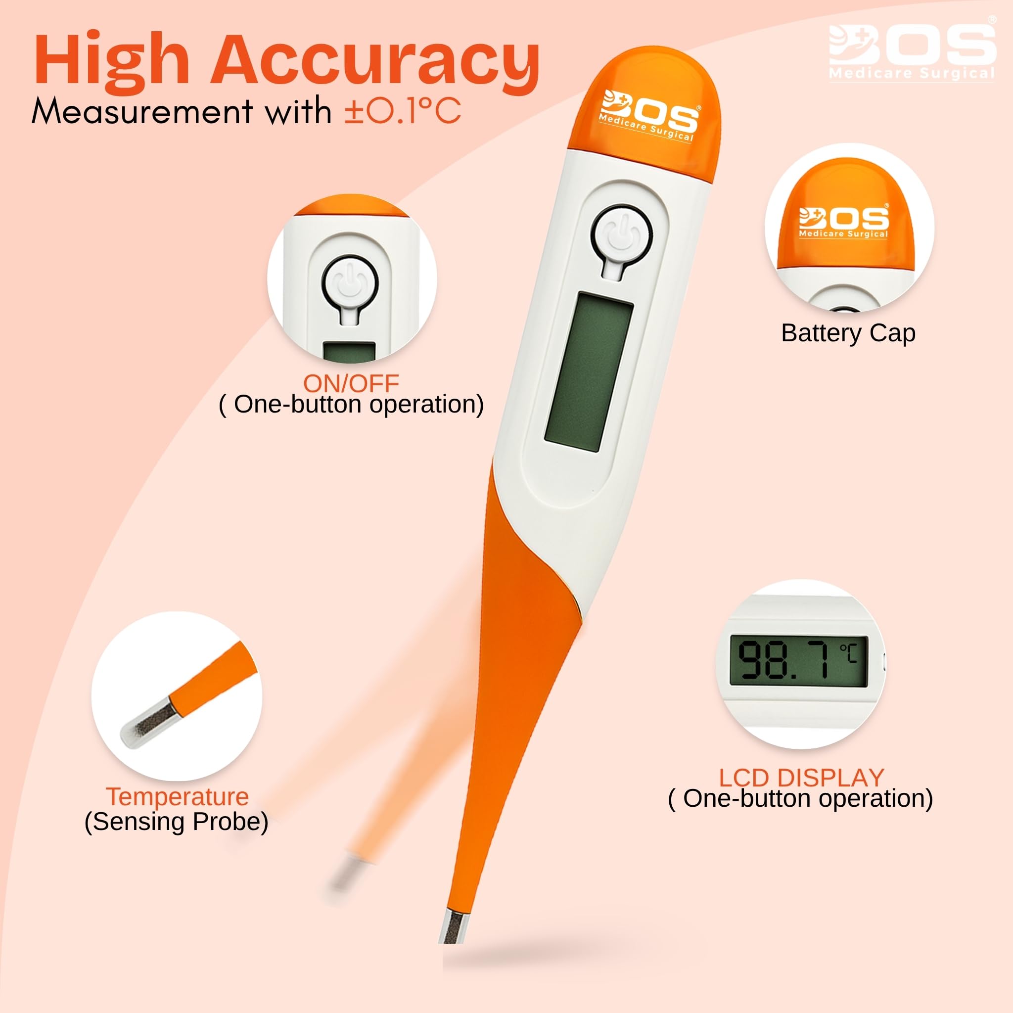 Bos Medicare Surgical Pack of 2 Digital Thermometers β Fast & Accurate Temperature Reading | Flexible Tip | Fever Alarm | Oral, Underarm & Rectal Use | Orange/White 1
