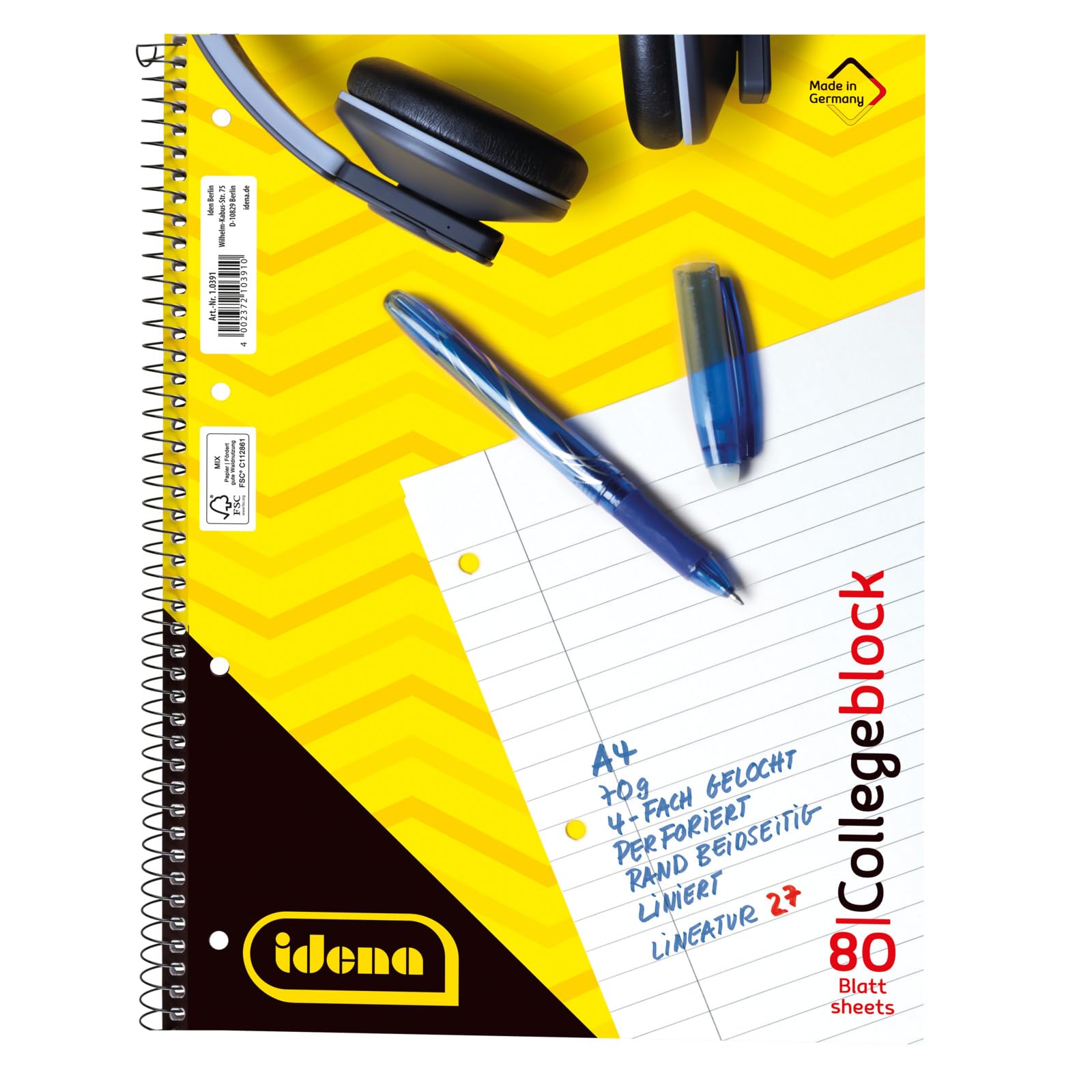Idena 10391 - College Notebook, DIN A4, 80 Sheets, 70 g/m², Lined, Perforated