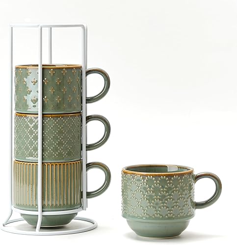 Miniatura 11 de Juego de 4 tazas grandes de café de cerámica con soporte, 15 oz apilables con diferentes relieves acanalados, juego de tazas para latte para