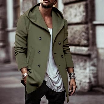 Mens Classic Pea Coat Hoodie Notched Collar Double Breasted Slim Fit Winter Warm Trench Coats for Men with Hood